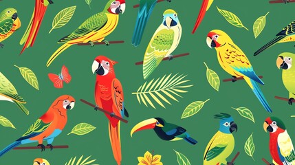 Obraz premium Seamless pattern of colorful parrots and tropical leaves.