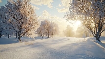 Fototapeta premium A Winter Landscape with Snow-Covered Trees and Ground, Creating a Peaceful Scene