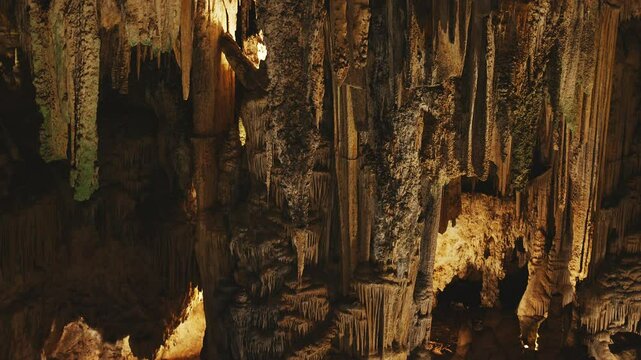 Interior view of the Caves of Nerja,  Malaga, Spain, June 2024. Natural work of art with beautiful stalactites, stalagmites and other rock formations. 