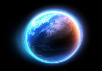 Fototapeta premium Abstract Digital Blue Glowing Planet Earth with Futuristic Network Connection and Data Transfer Concept