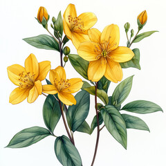Obraz premium St. John's Wort medical plant watercolor illustration,yellow flowers with green leaves thriving in a botanical setting during springtime