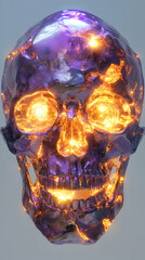 Glowing Metallic Skull, Abstract Digital Art, Intense Orange and Purple Hues Illuminate a Cracked Surface