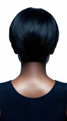 Fototapeta premium Elegant Woman's Short, Dark Hair, Back View, Stylish Bob Hairstyle, Smooth Texture, Dark Clothing, Studio Shot