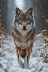 Fototapeta premium Majestic wolf in a snow-covered forest.