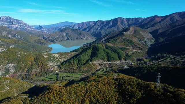 Mountain Villages with Terraced Fields in Koman Valley, Scenic Landscape of Hills and Alps in Northern Albania