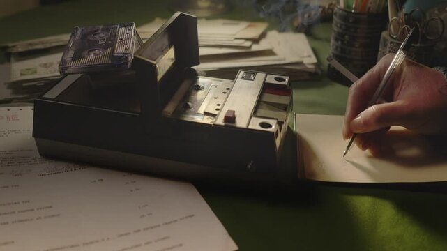 A person's hand takes notes while listening to a cassette in a portable cassette player