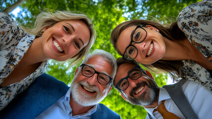 Fototapeta premium Joyful Group Portrait, Four Adults Smiling, Close-Up Under Lush Green Foliage