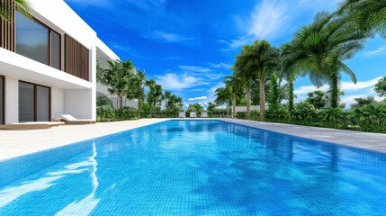 Fototapeta premium Modern Tropical Poolside Retreat with Lush Greenery and Clear Blue Sky, Perfect for Relaxation and Leisure Activities in a Serene Environment