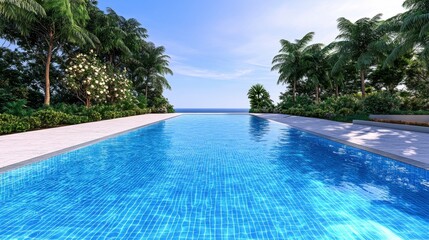 Fototapeta premium Serene Tropical Pool Overlooking the Sea Surrounded by Lush Greenery Under a Clear Blue Sky in a Peaceful Paradise Setting