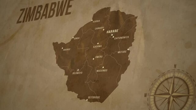 Vintage Map of ZIMBABWE with states Borders and Major Cities Positions