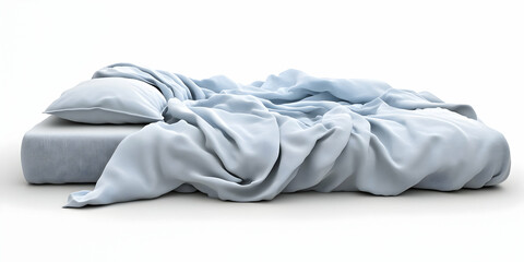 Soft Blue Bedding, Wrinkled Linen Sheets and Pillow on a Mattress, Creating a Serene and Relaxed Atmosphere.
