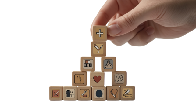 A hand is placing health and medical icon wooden blocks in the shape of an open pyramid, on a transparent backgrounds