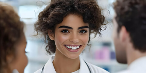 Fototapeta premium Smiling Female Doctor Interacts with Patients, Providing Healthcare and Compassionate Care in Clinic