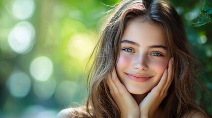 Obraz premium Smiling young woman with natural freckles in sunny outdoor setting