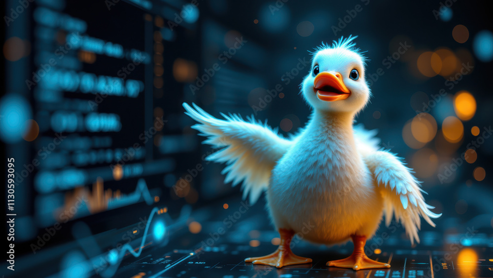 Poster an animated digital illustration featuring a baby duckling with a graphical user interface backgroun