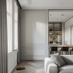 Fototapeta premium Aesthetic elegant minimalist modern interior design. Clear mock up empty wall for decoration in the apartment. Copy space in the room. Neutral palette of natural colors.