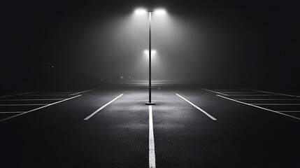 Empty parking lot at night, fog, single lamppost.