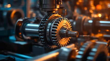 Fototapeta premium A toothed gear that is machined on a CNC machine. The gear has a complex design with several rows of teeth.