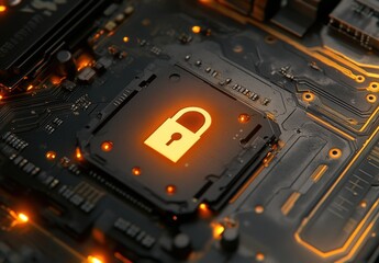 Fototapeta premium Computer Circuit Board with Locked Padlock Symbol Illuminated