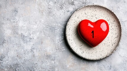 Obraz premium Red Heart Stone Decorated with Number One on Textured Plate