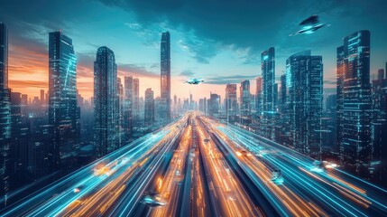 Fototapeta premium A futuristic cityscape with glowing highways and flying vehicles at sunset.