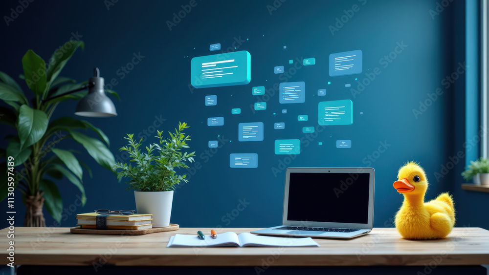Poster duckdb database logo with a creative office workspace background.