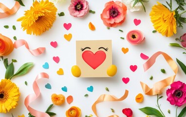 Fototapeta premium A smiling emoji giving a thank-you card with a heart on it, surrounded by flowers and bright ribbons on a white background 