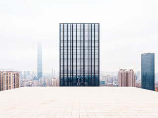 Fototapeta premium A tall building with a glass facade is seen in the background of a city