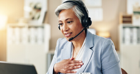 Woman, headset and doctor at tech for healthcare, online consultation or video call in office. Mature specialist, computer or communication in practice for patient feedback, explain symptoms and help