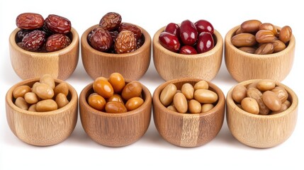Assortment of Colorful Nuts and Dried Fruits in Wooden Bowls for Healthy Snacking