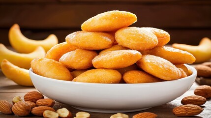 Fototapeta premium Pile of Golden Pastries Stacked on a White Plate Surrounded by Nuts and Fruits Arabic Sweets and Desserts
