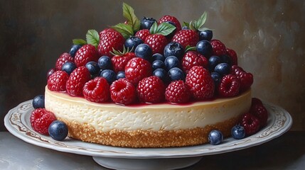 A creamy New York cheesecake with vibrant fresh berries, elegantly plated on a white dish, perfect for a sweet treat.