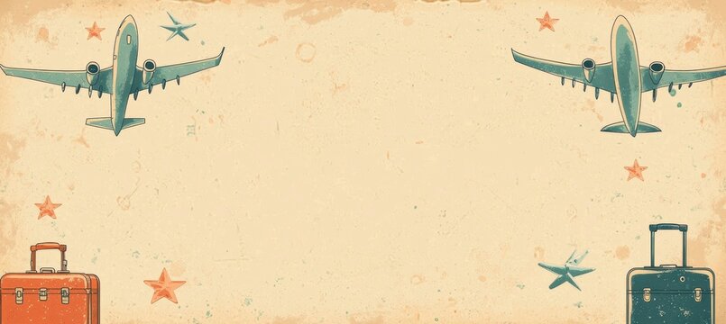 Retro Travel Postcard Template with Airplane and Suitcase Icons for Adventure Greetings