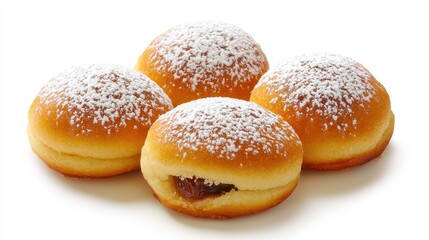 Freshly Baked Sweet Doughnuts with Powdered Sugar and Chocolate Filling on White Background