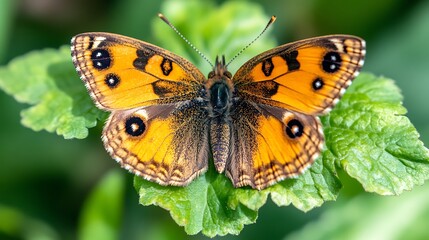 Obraz premium Orange butterfly with dark spots perched on a green leaf.
