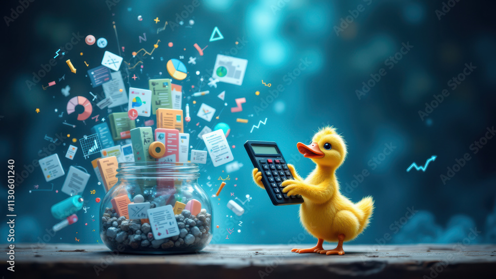Poster a cartoon yellow duck with a smartphone, using duckdb, amidst flying documents and data points.