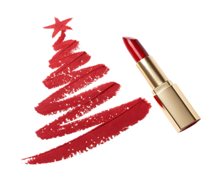 Christmas tree design created by red lipstick, isolated on transparent background, png file.