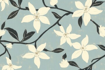 Delicate White Jasmine Flower Patterns on Light Blue Background