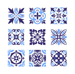 Set of antique tile patterns. Vintage floral ornate ornaments in baroque style. Traditional blue azulejo designs with plant silhouettes. Flat vector illustration collection isolated on background