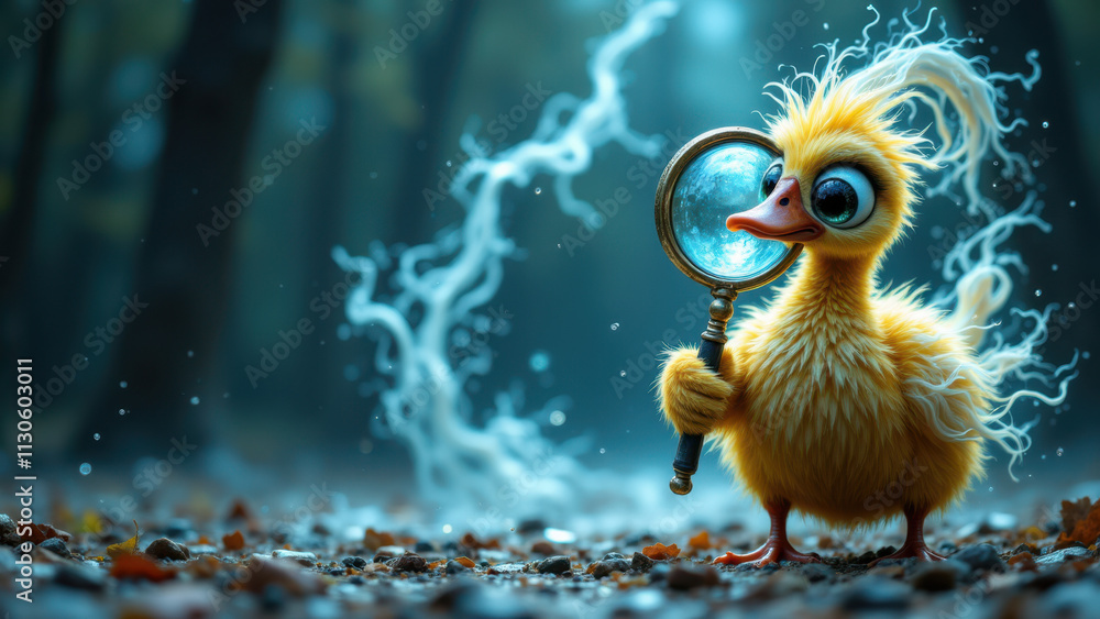 Aufkleber duckdb character with magnifying glass on a forest floor.