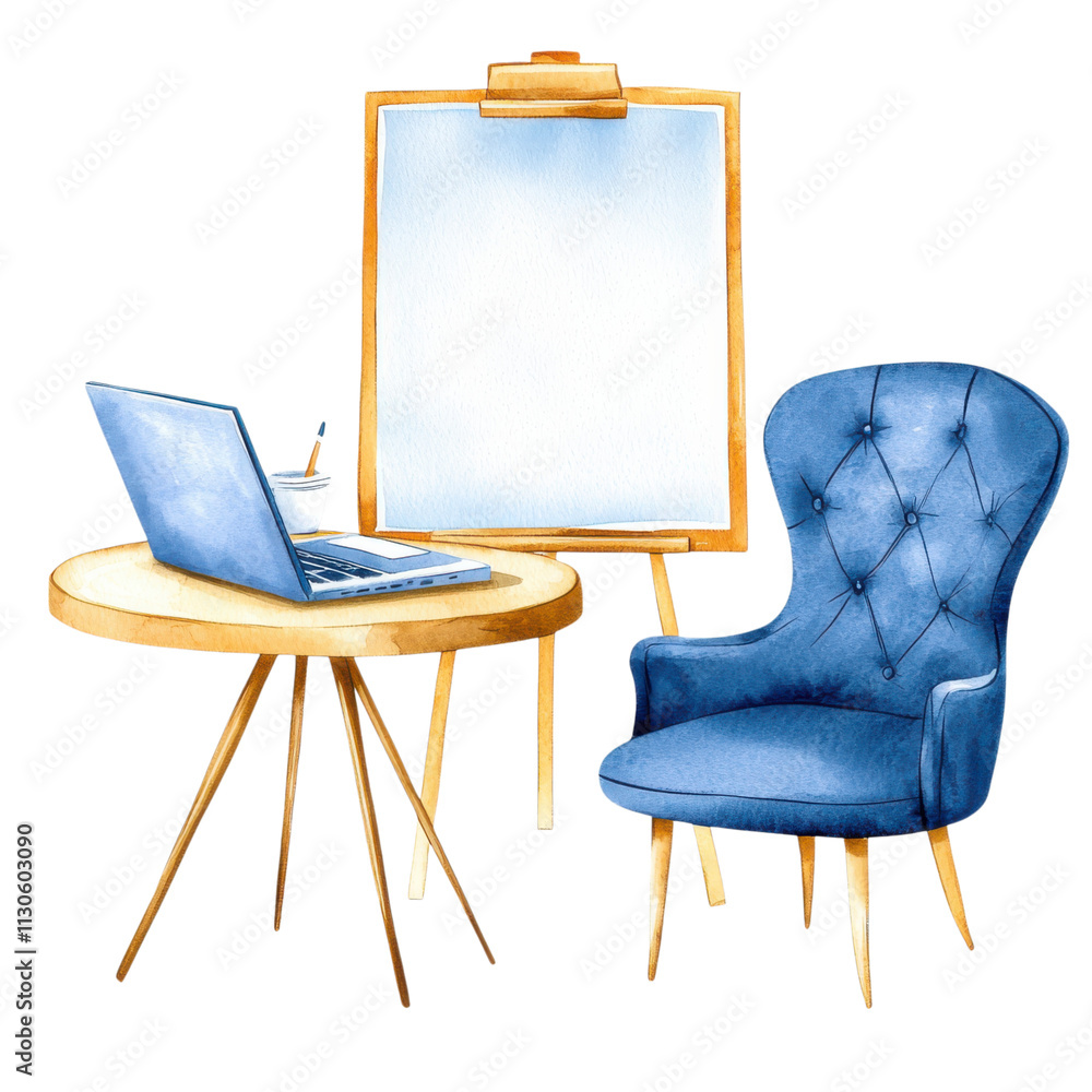 Poster a stylish blue chair and wooden table with a laptop and a notepad create a modern workspace setup.