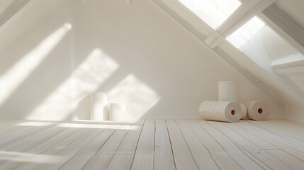 Fototapeta premium Fiberglass batts and rolls, attic insulation materials. Energy efficiency and home insulation solutions. Thermal insulation, construction materials, and eco-friendly building renovation. 
