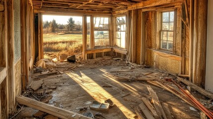 Fototapeta premium A decaying room with shattered windows, rusty nails, and construction waste strewn across the dusty ground in HDR detail