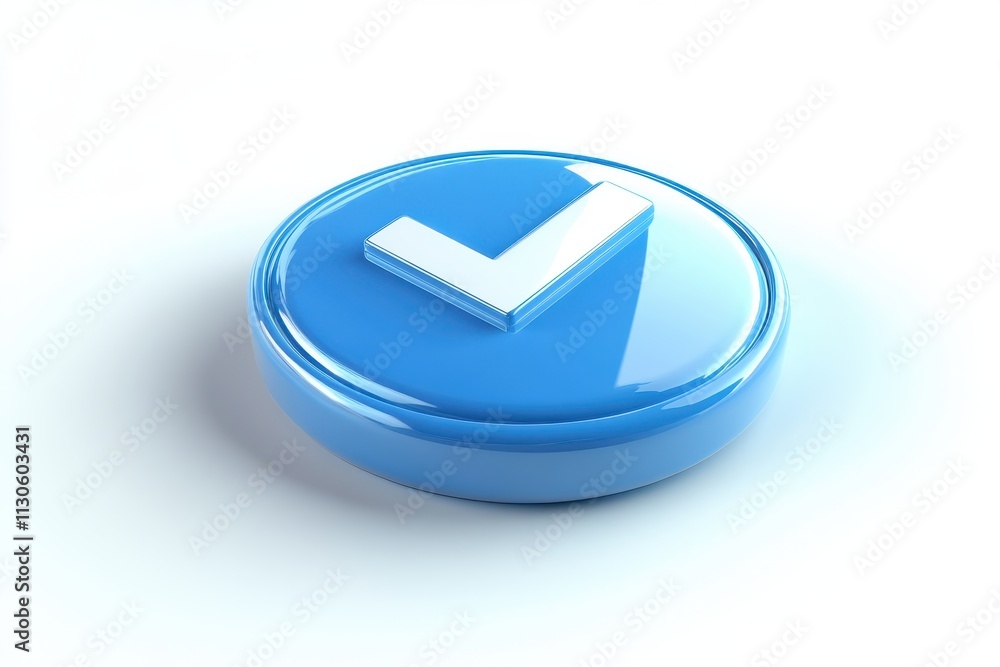 Poster blue check mark button 3d render icon isolated on a white background