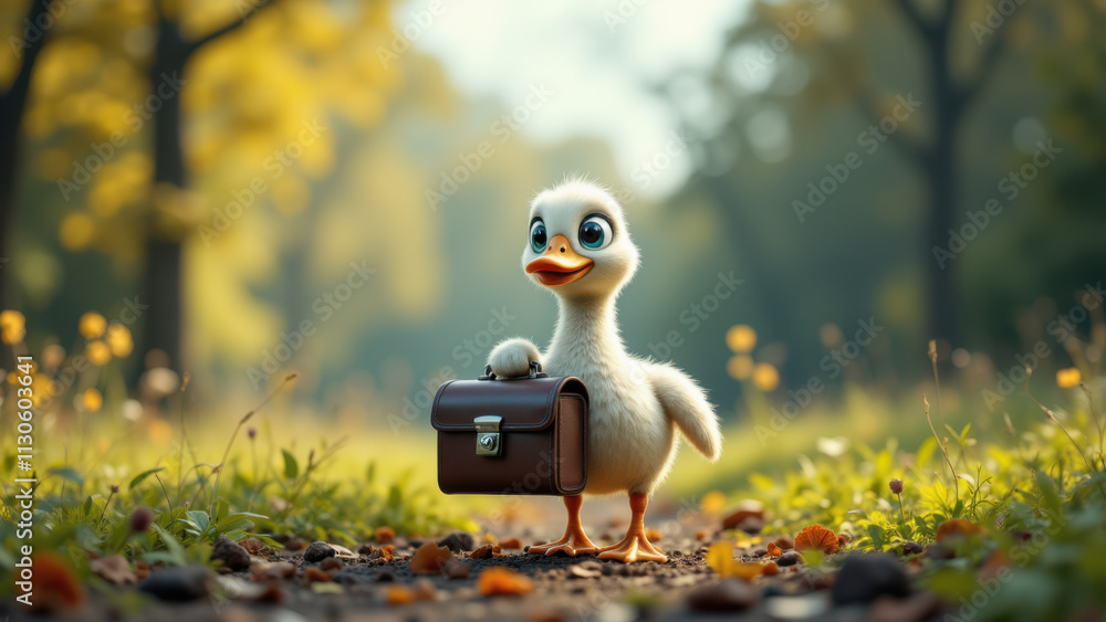 Poster an animated duck character walking down a path with luggage.