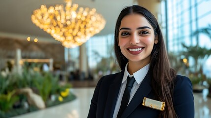 A portrait of an elegant female Indian hotel staff member in uniform, smiling warmly at the camera with her hands crossed on her chest, standing against the backdrop of a luxury lobby.