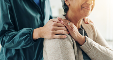 Healthcare, empathy and holding hands for support, smile and physiotherapist with elderly patient....