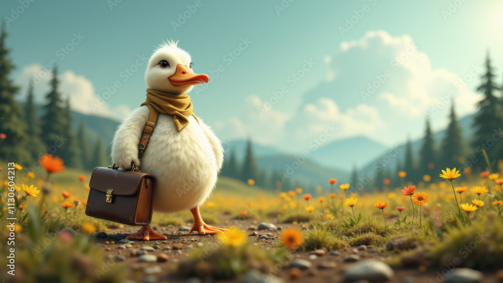 Poster a charming, anthropomorphic duck character carrying a briefcase and standing amidst a serene forest 