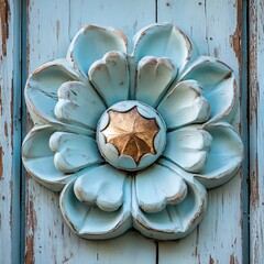 Obraz premium Closeup of a pale blue rosette on a house in New Mexico.