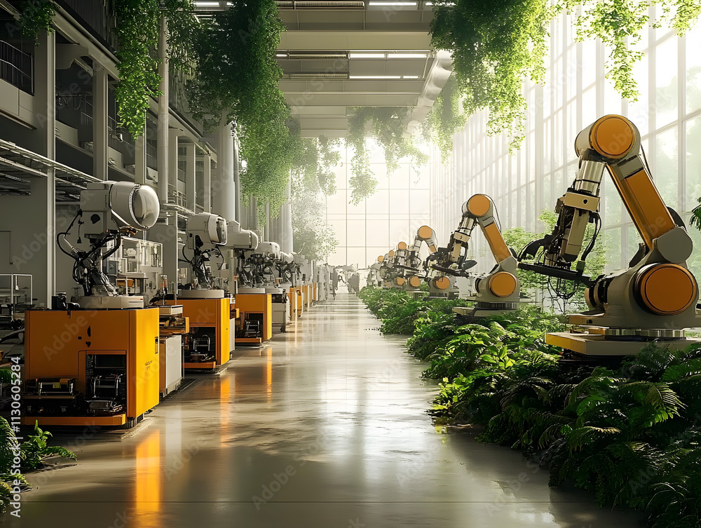 Canvas Prints a futuristic factory with robots surrounded by greenery, emphasizing sustainability.